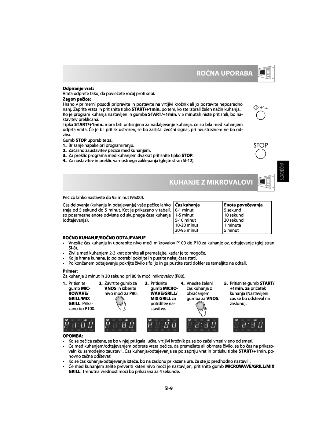 Sharp R-63ST operation manual Ročna Uporaba, Kuhanje Z Mikrovalovi, SI-9 