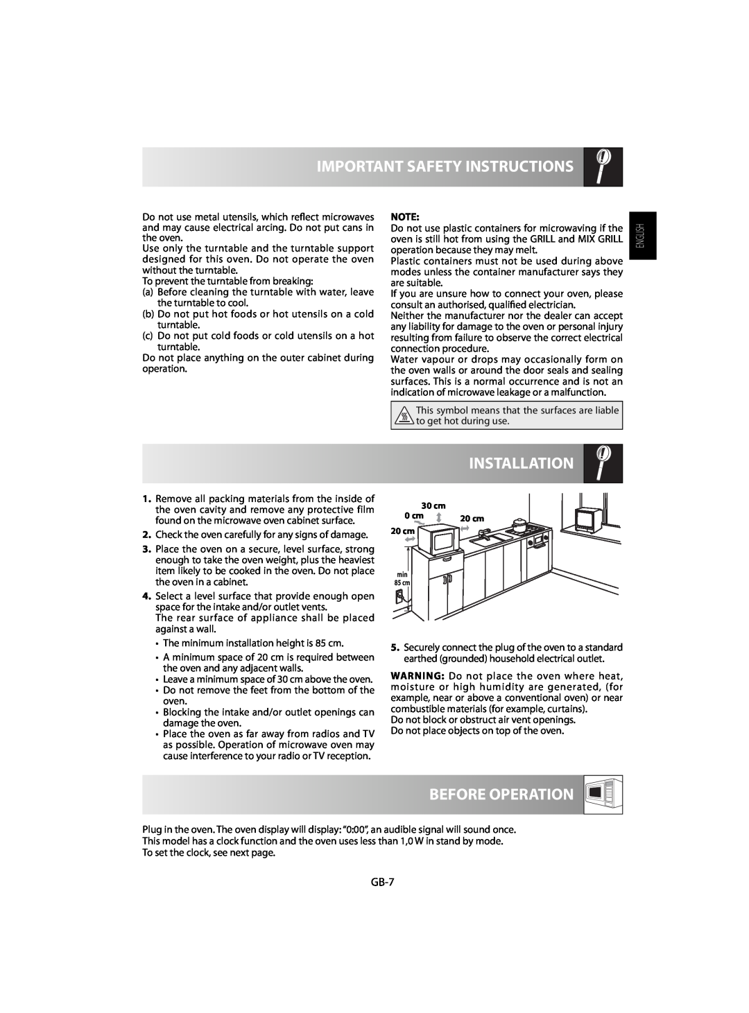 Sharp R-63ST operation manual Installation, Before Operation, Important Safety Instructions, GB-7 