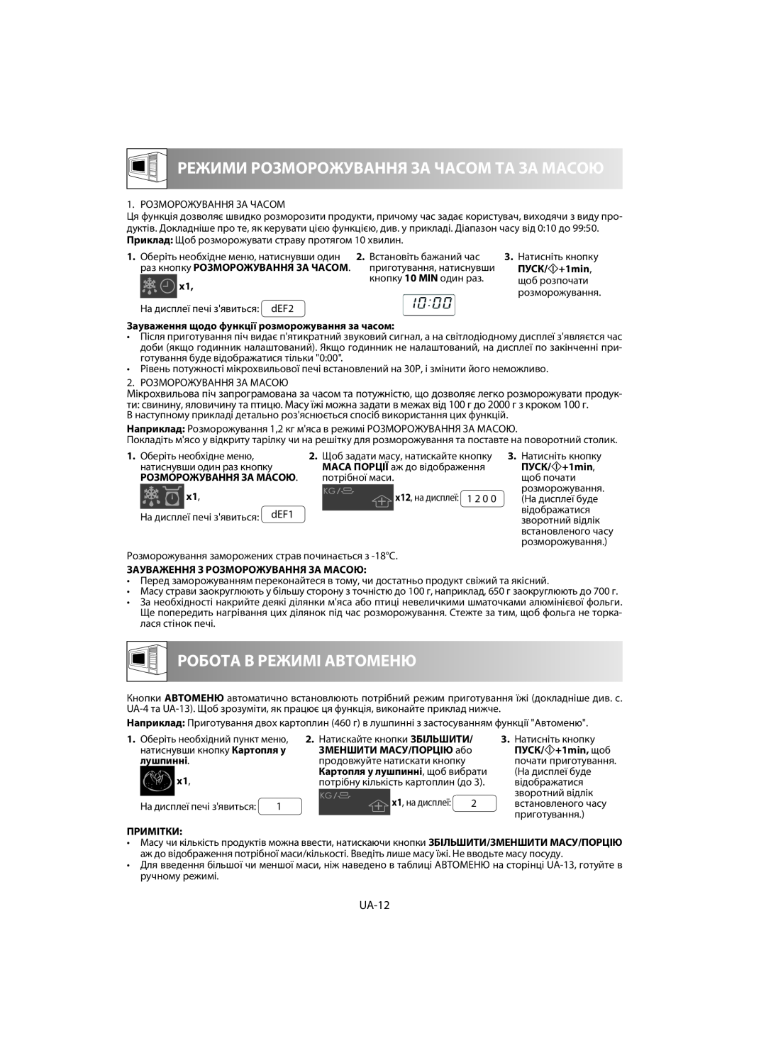 Sharp R-642 ПУСК/ +1min, Зауваження щодо функції розморожування за часом, Зауваження З Розморожування За Масою, лушпинні 