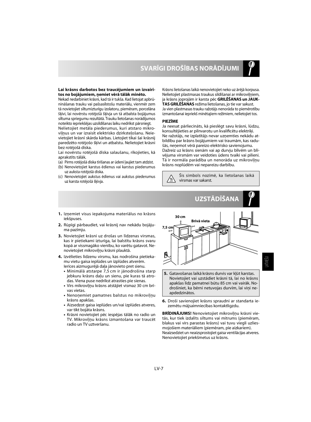 Sharp R-742, R-642 manual Uzstādīšana, Svarīgi Drošības Norādījumi, LV-7, Piezīme 