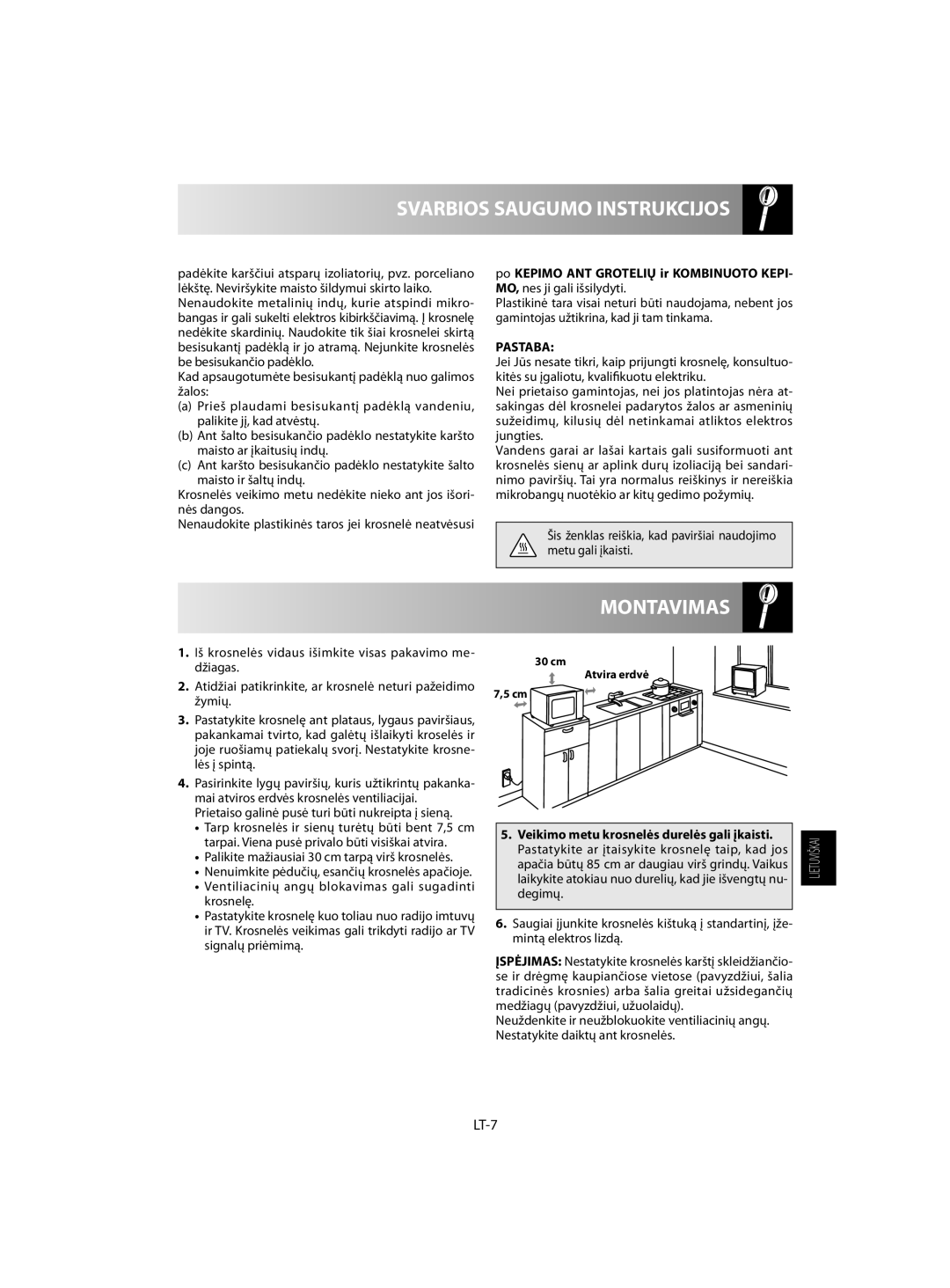 Sharp R-742, R-642 manual Montavimas, Svarbios Saugumo Instrukcijos, LT-7, Pastaba 
