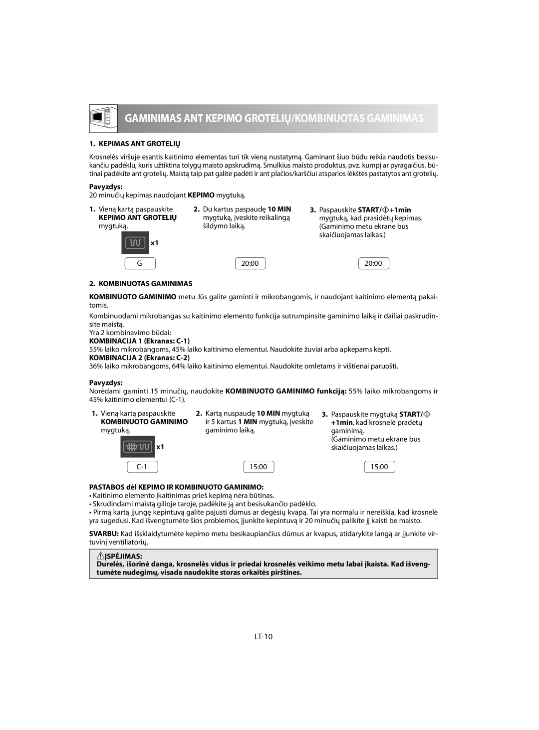 Sharp R-642 Kepimas Ant Grotelių, Pavyzdys, Kepimo Ant Grotelių, mygtuką, šildymo laiką, Kombinuotas Gaminimas, Įspėjimas 