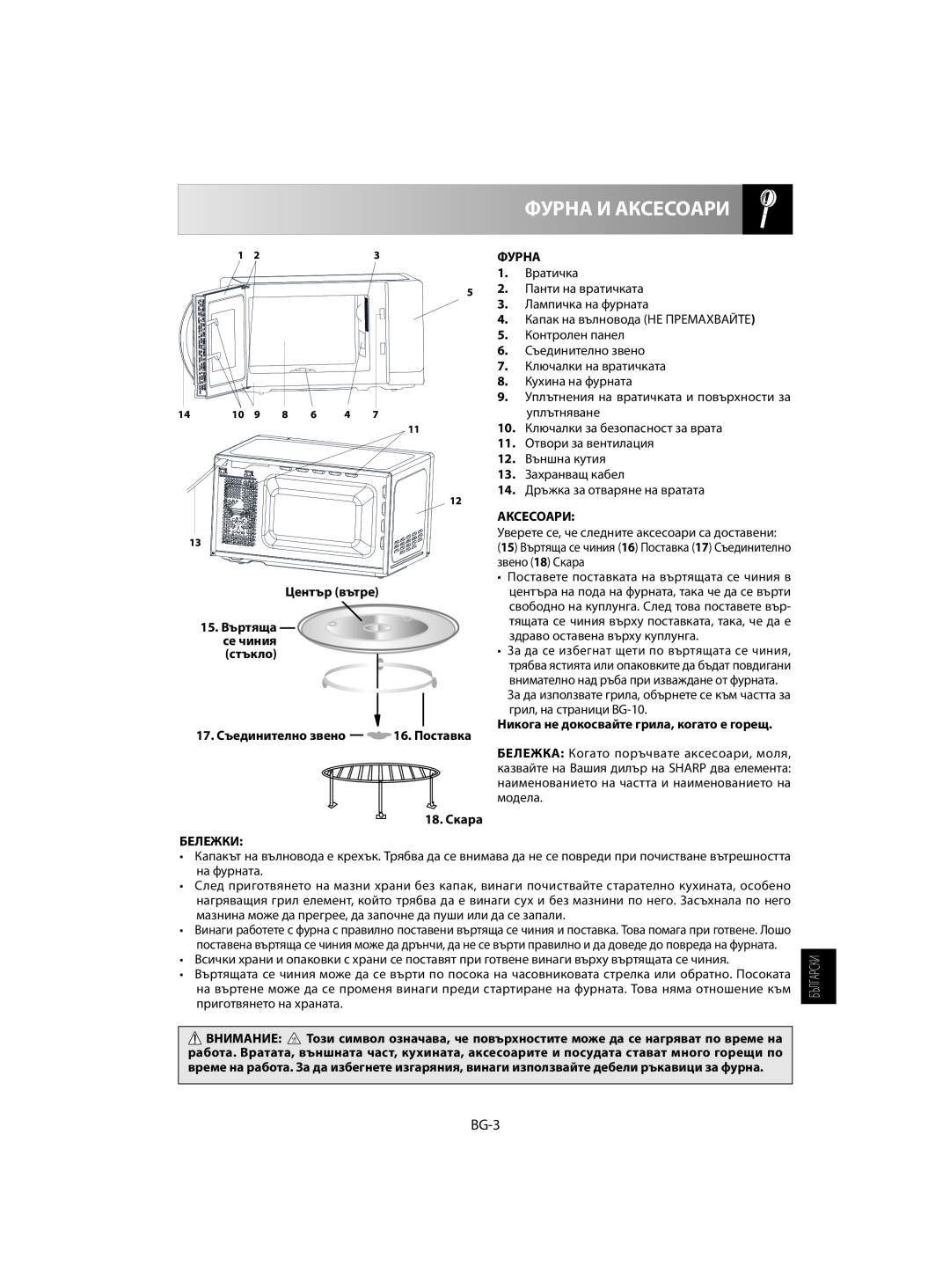 Sharp R-742, R-642 manual Фурна И Аксесоари, Център вътре, 17. Съединително звено, 18. Скара БЕЛЕЖКИ 