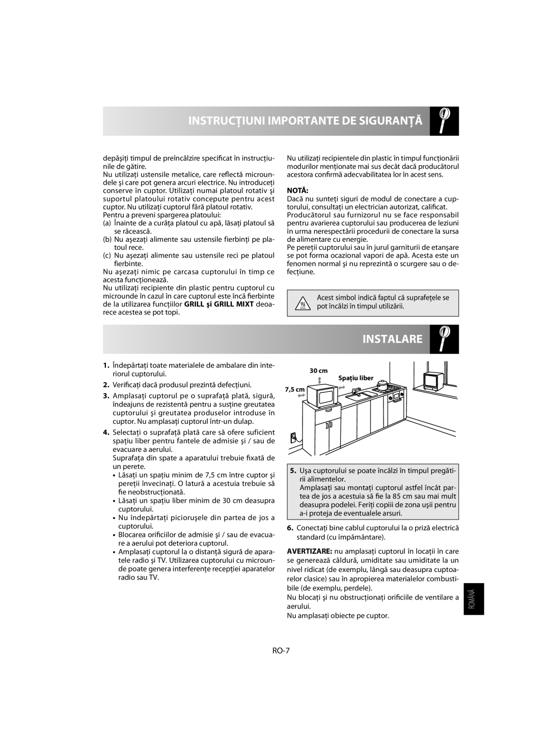 Sharp R-742, R-642 manual Instalare, Instrucţiuni Importante De Siguranţă, RO-7, Notă 