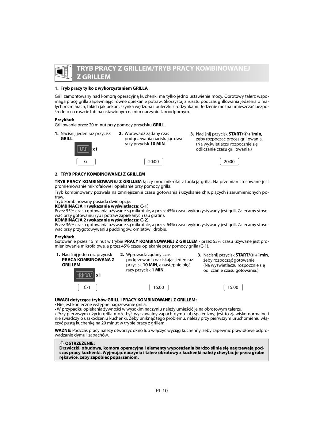 Sharp R-642 Tryb pracy tylko z wykorzystaniem GRILLA, Przykład, Tryb Pracy Kombinowanej Z Grillem, Praca Kombinowana Z 