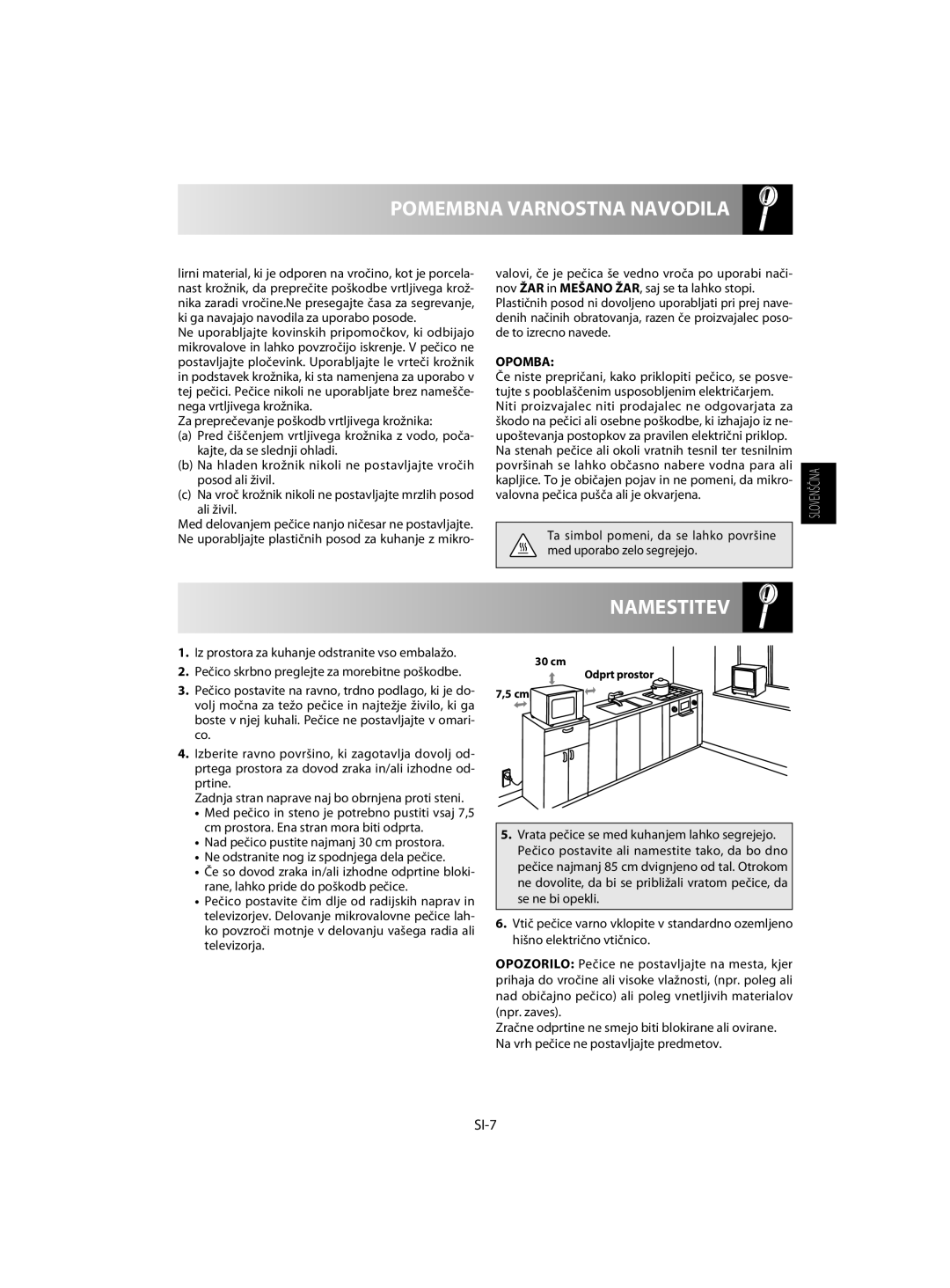 Sharp R-742, R-642 manual Namestitev, Pomembna Varnostna Navodila, SI-7, Opomba 