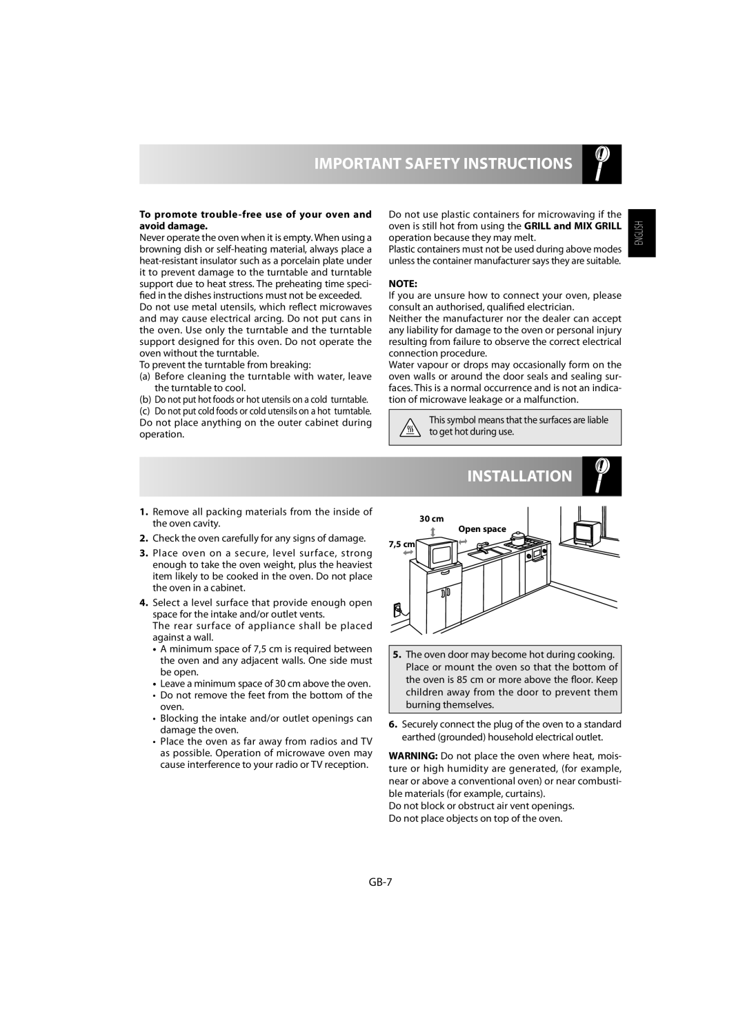 Sharp R-742 Installation, Important Safety Instructions, GB-7, To promote trouble-free use of your oven and avoid damage 