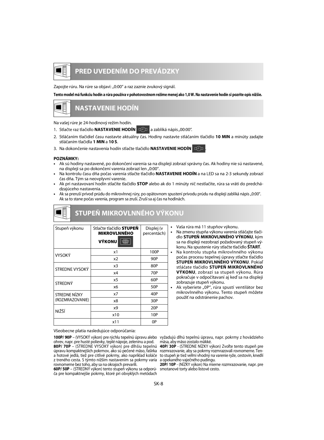 Sharp R-642, R-742 manual SK-8, Poznámky, Mikrovlnného, Výkonu 