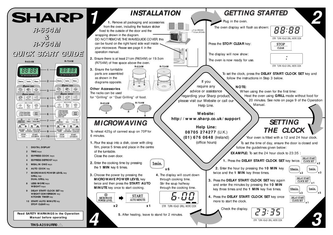 Sharp operation manual R-654M & R-754M QUICK START GUIDE, Installation, Microwaving, Clock, Gettingting Startedstarted 