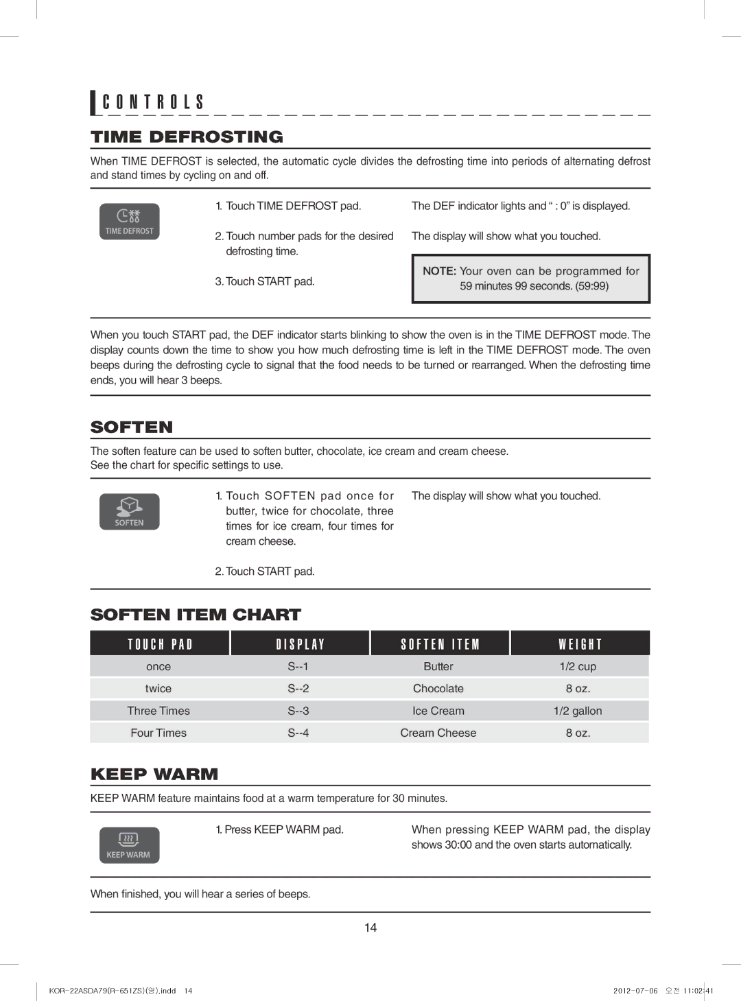 Sharp R-651ZS warranty Time Defrosting, Soften Item Chart, Keep Warm 