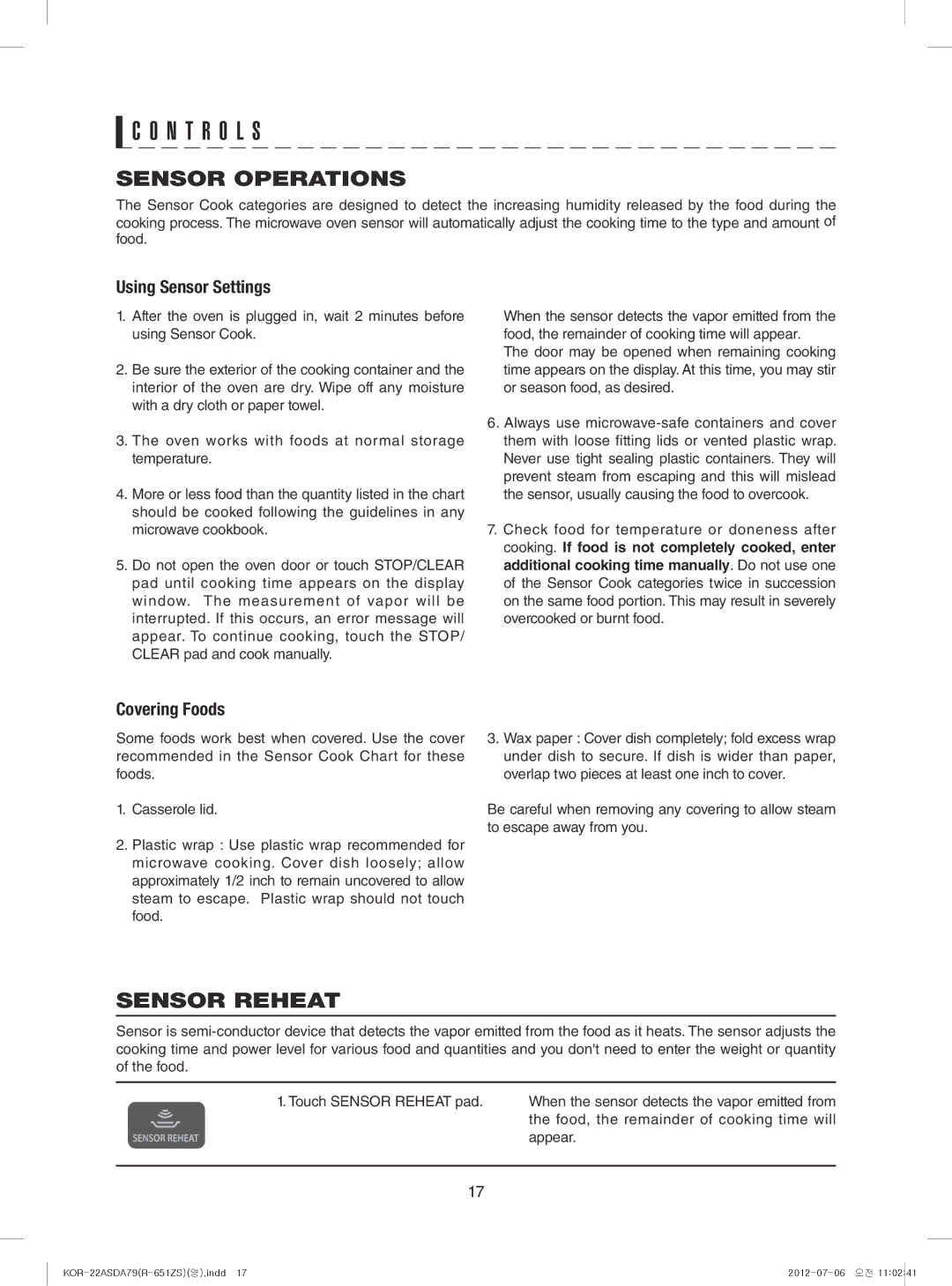 Sharp R-651ZS warranty Sensor Operations, Sensor Reheat 