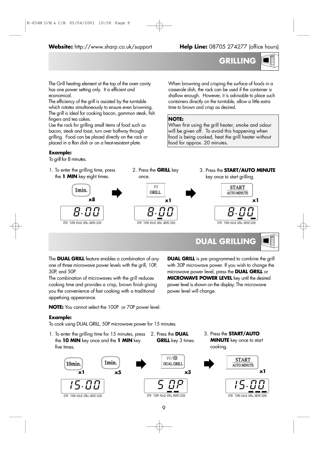 Sharp R-654M Dual Grilling, To grill for 8 minutes, Once, Press the START/AUTO Minute key once to start grilling 