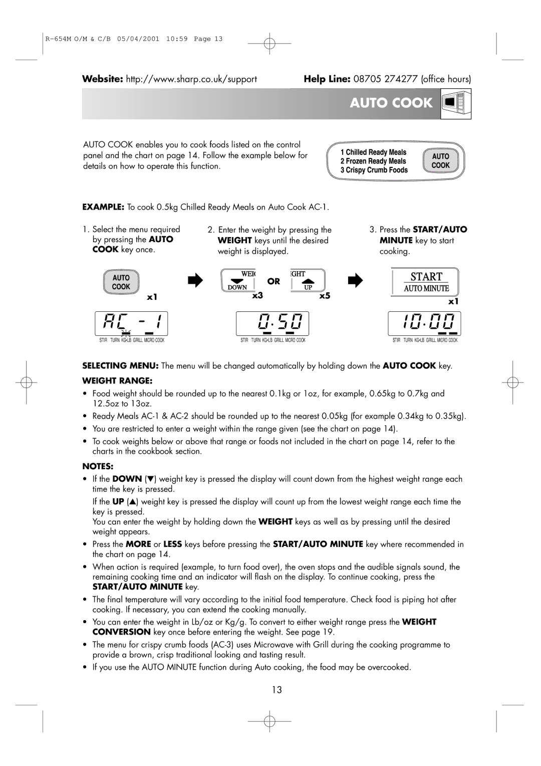 Sharp R-654M operation manual Auto Cook, Select the menu required, Press the START/AUTO Minute key to start cooking 