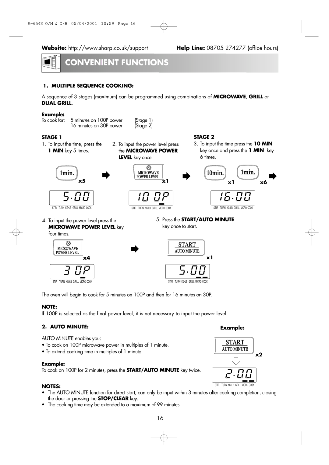 Sharp R-654M operation manual Convenient Functions, Multiple Sequence Cooking, Dual Grill, Stage, Auto Minute 