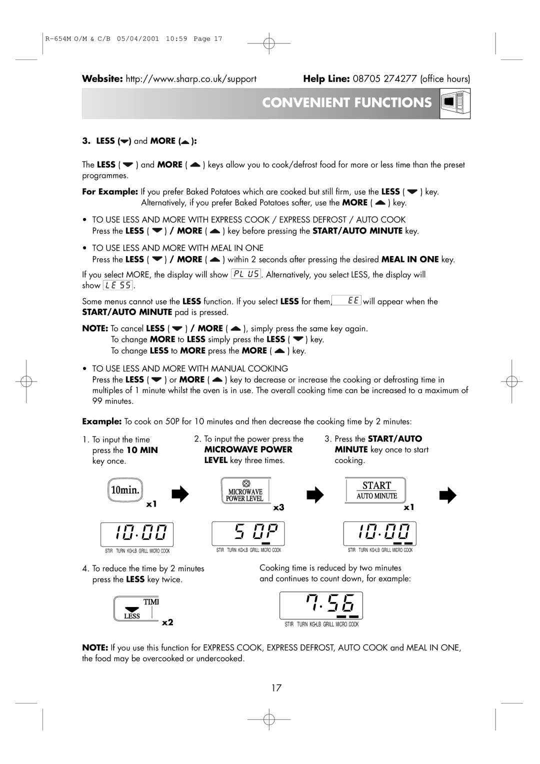 Sharp R-654M operation manual Convenient Functions, Less and More, START/AUTO Minute pad is pressed, Microwave Power 