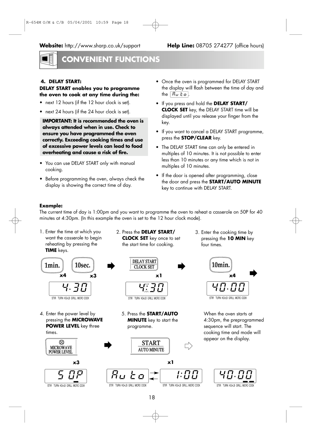 Sharp R-654M operation manual Delay Start, Enter the cooking time by pressing the 10 MIN key four times 