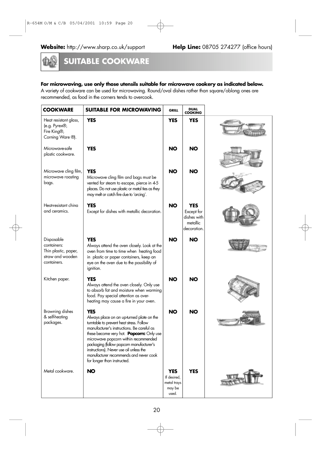 Sharp R-654M operation manual Suitable Cookware, Cookware Suitable for Microwaving, Yes 