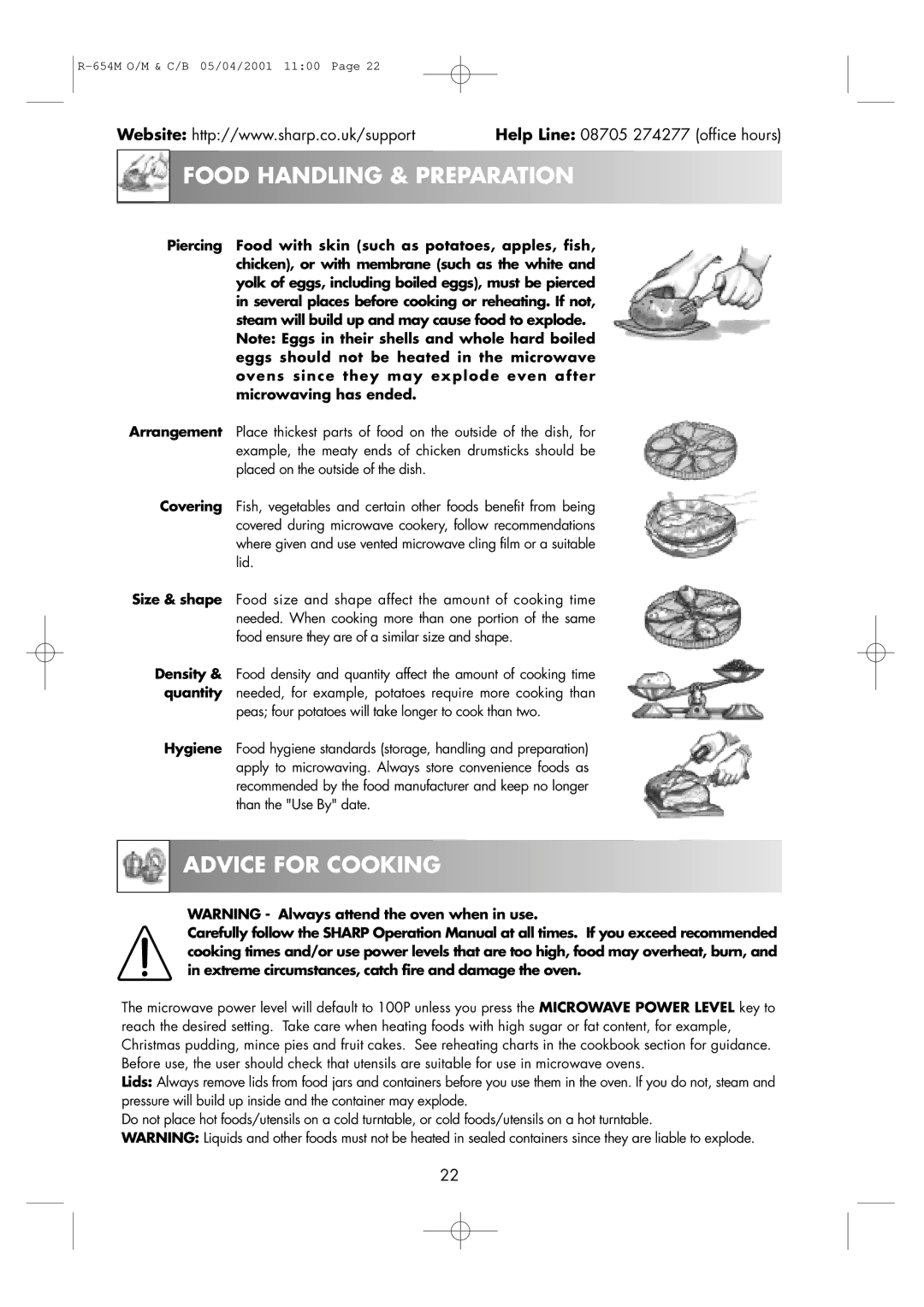 Sharp R-654M operation manual Food Handling & Preparation, Advice for Cooking 