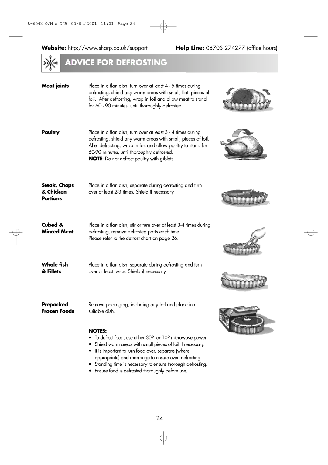 Sharp R-654M operation manual Advice for Defrosting 