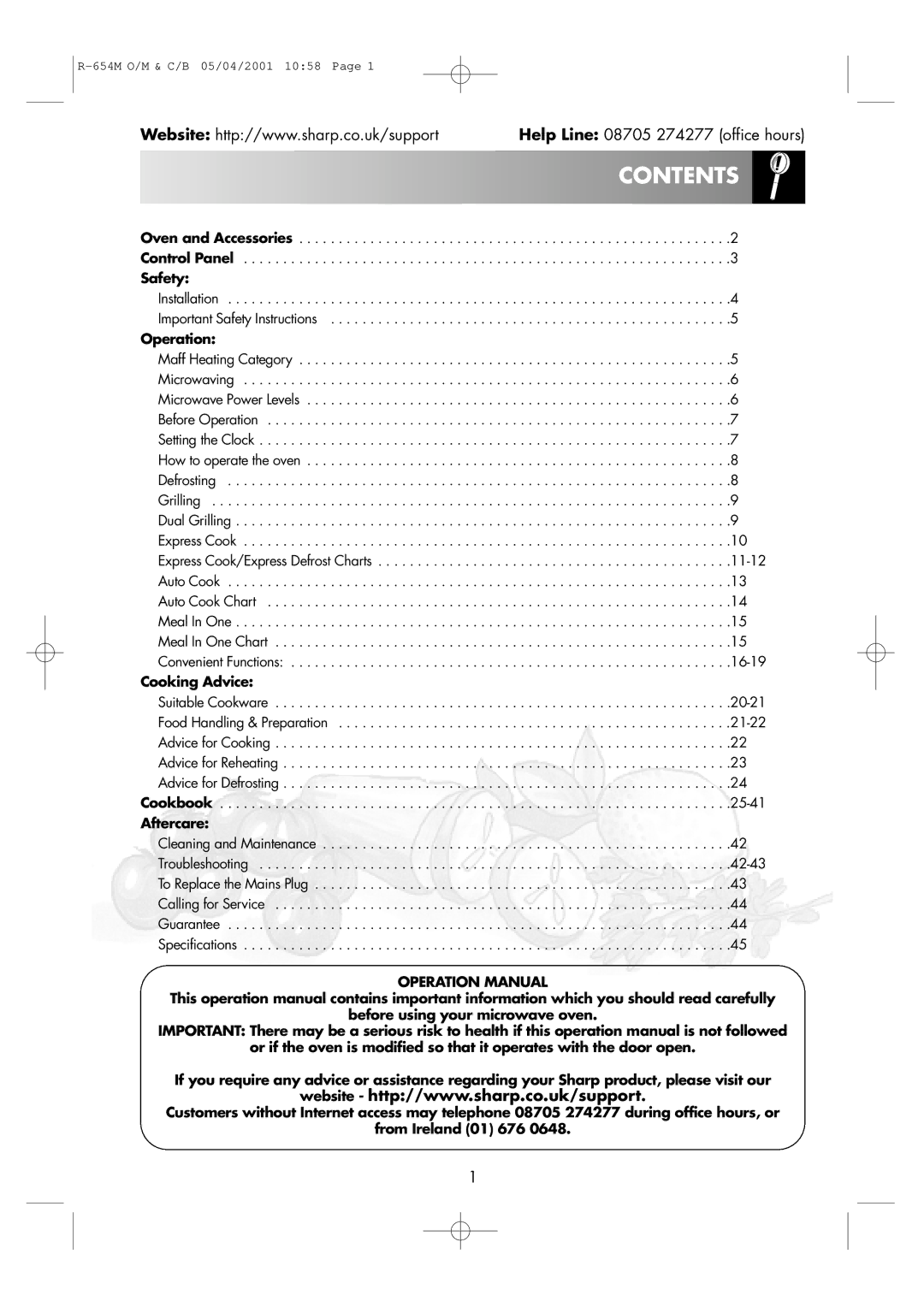 Sharp R-654M operation manual Contents 