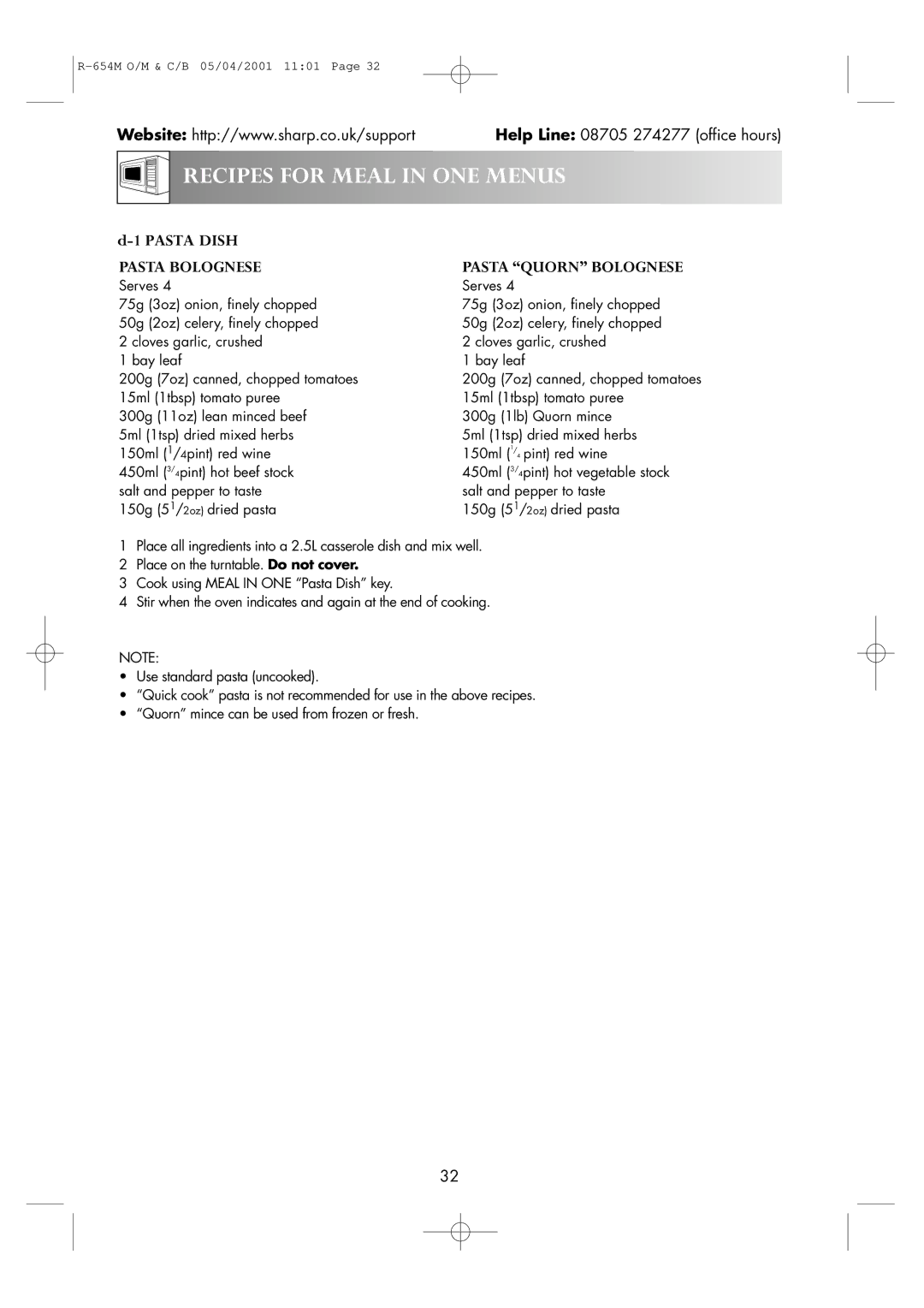 Sharp R-654M operation manual Pasta Bolognese, Pasta Quorn Bolognese 