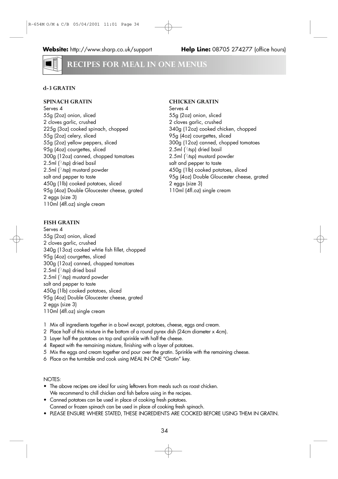 Sharp R-654M operation manual Spinach Gratin Chicken Gratin, Fish Gratin, 2tsp dried basil, 2tsp mustard powder 