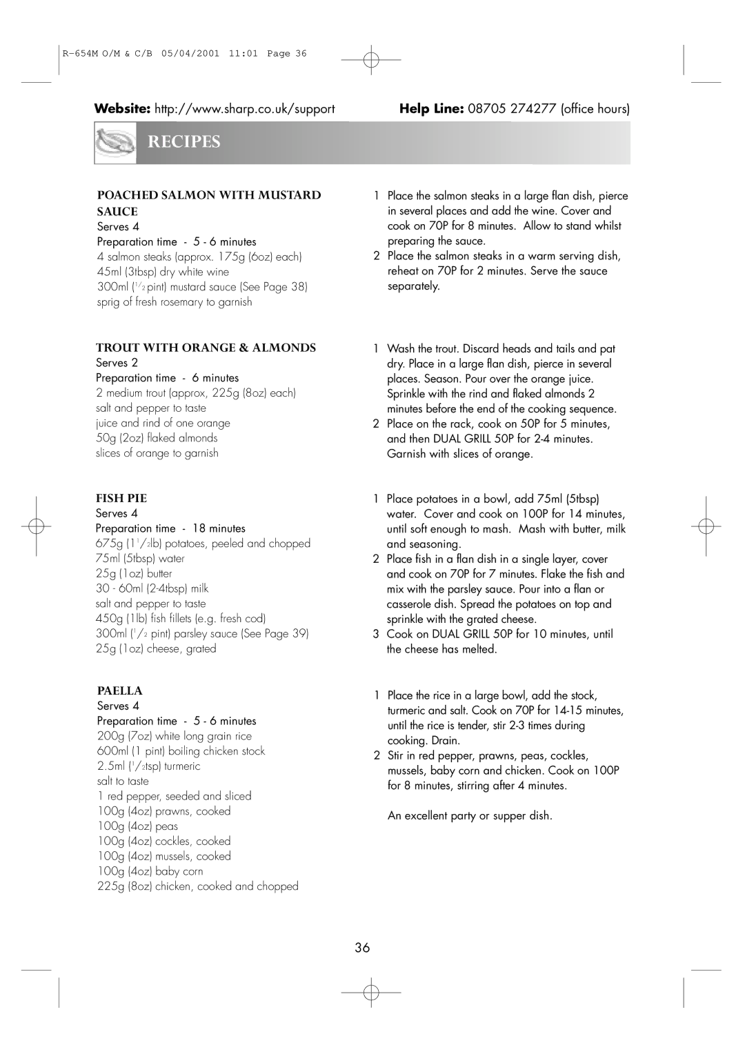 Sharp R-654M operation manual Poached Salmon with Mustard Sauce, Trout with Orange & Almonds, Fish PIE, Paella 