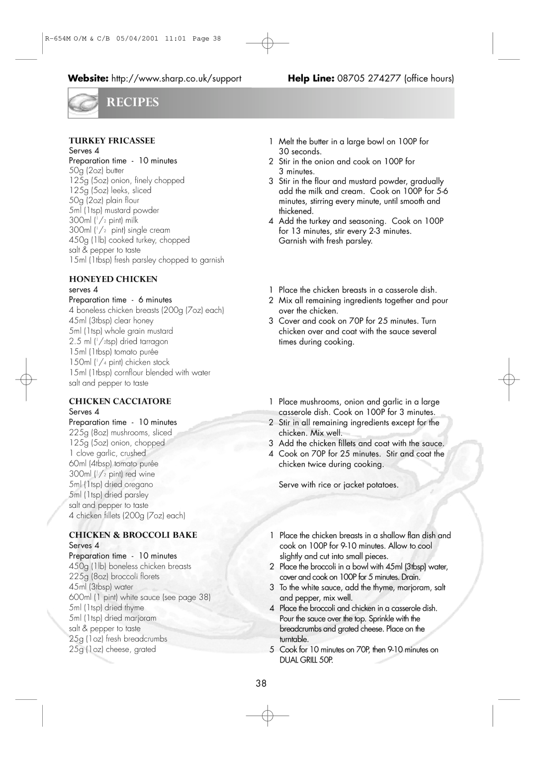 Sharp R-654M operation manual Turkey Fricassee, Honeyed Chicken, Chicken Cacciatore, Chicken & Broccoli Bake 