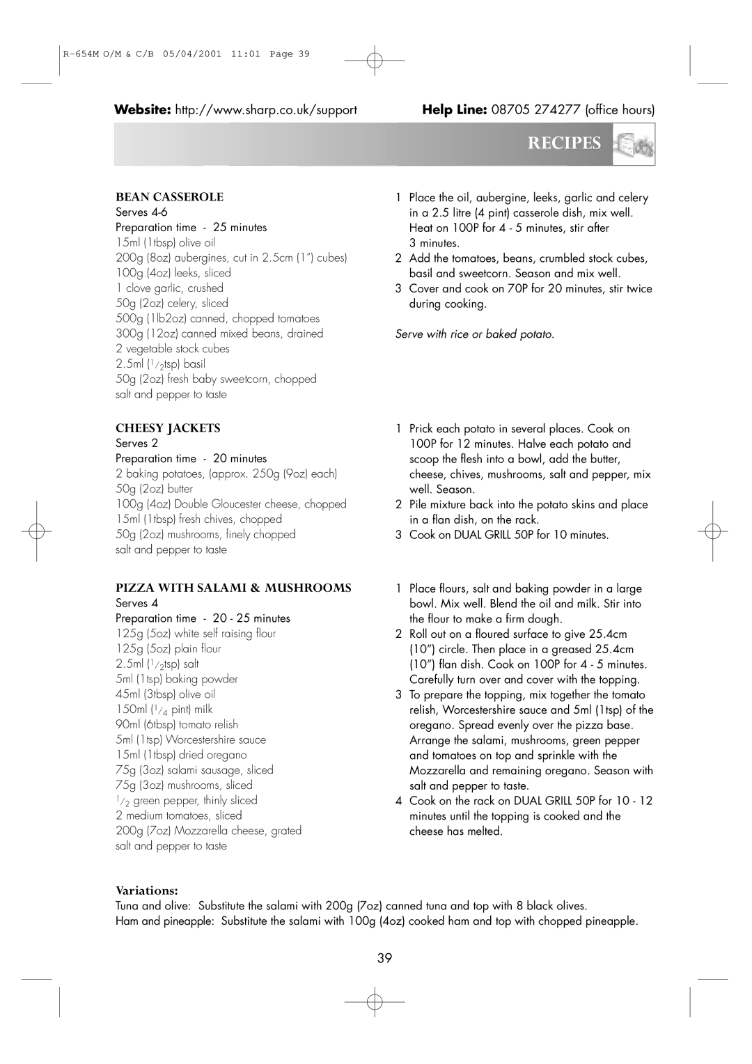 Sharp R-654M operation manual Bean Casserole, Cheesy Jackets, Pizza with Salami & Mushrooms 