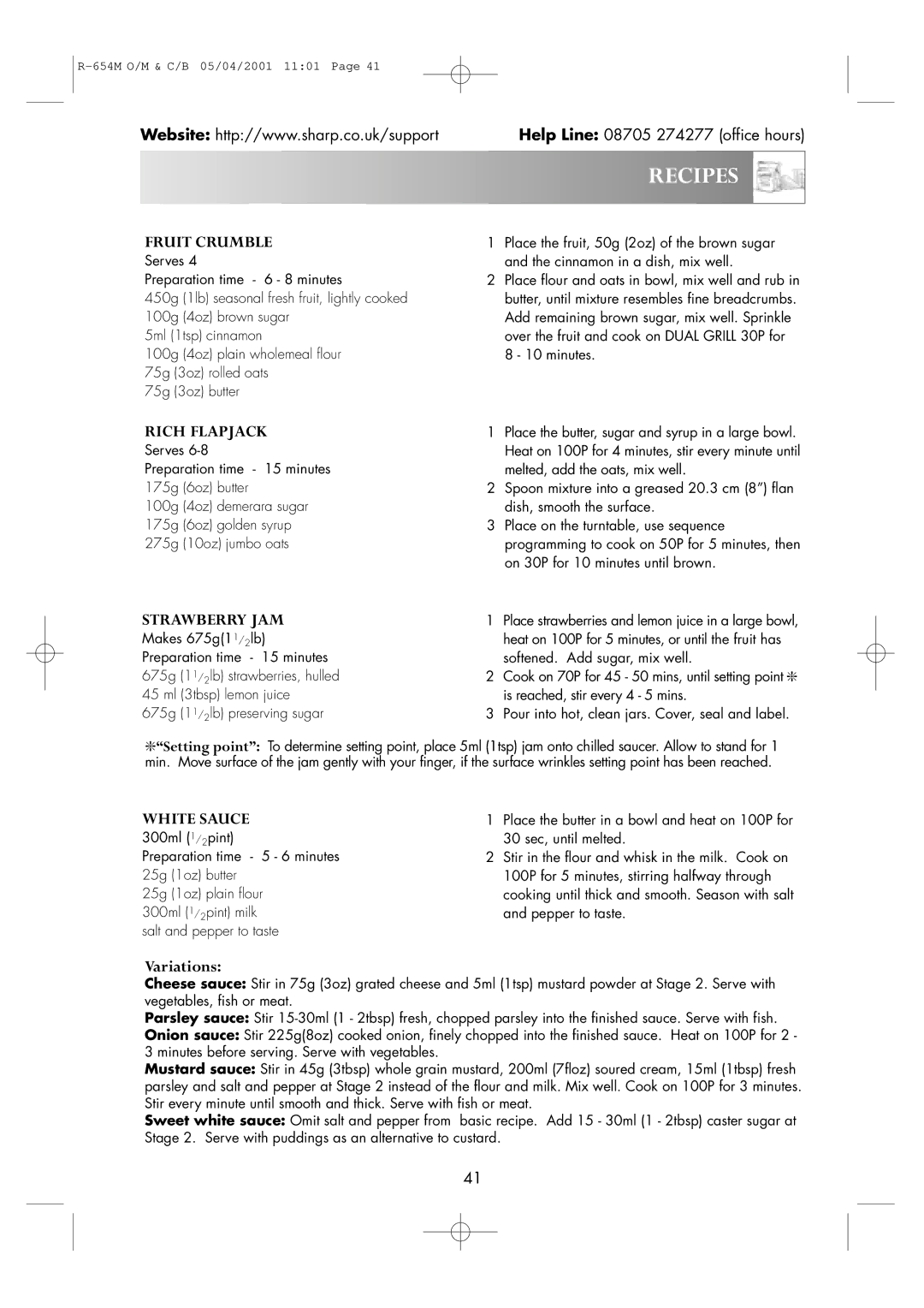 Sharp R-654M operation manual Fruit Crumble, Rich Flapjack, Strawberry JAM, White Sauce 