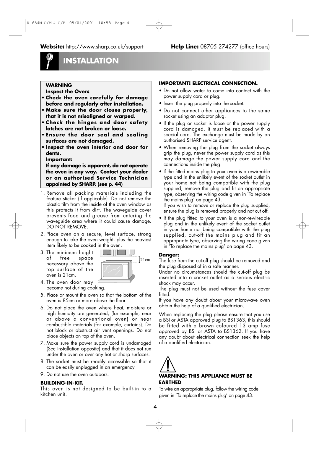 Sharp R-654M operation manual Installation, Building-In-Kit, This oven is not designed to be built-in to a kitchen unit 