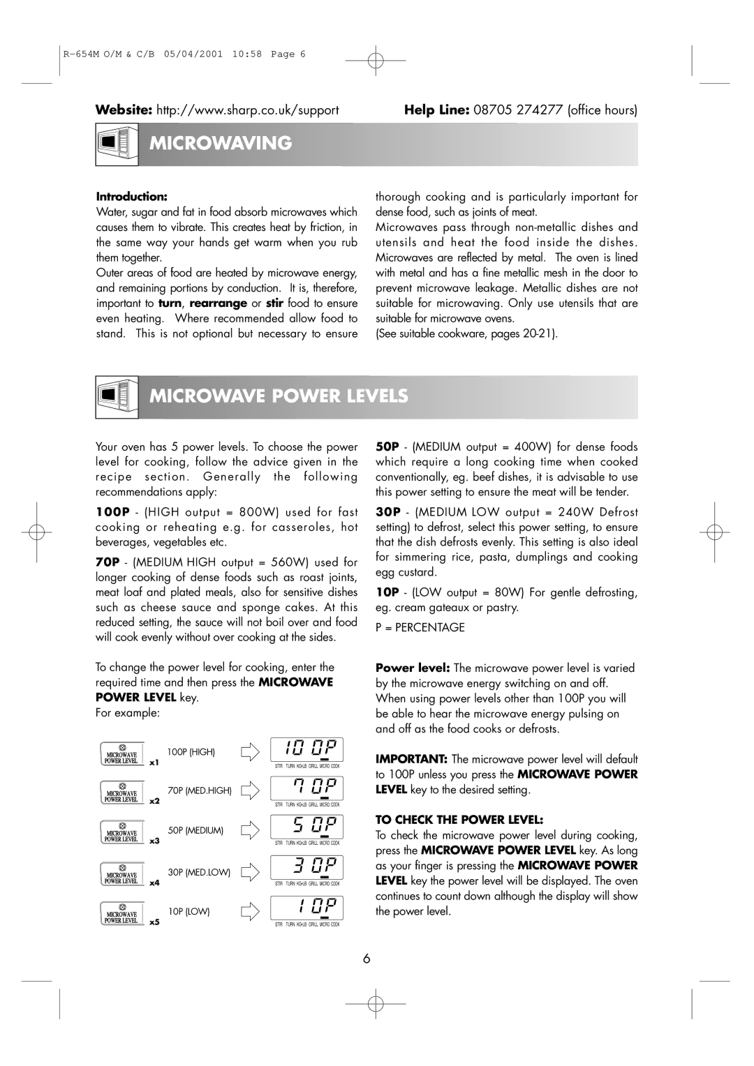 Sharp R-654M operation manual Microwaving, Microwave Power Levels, Introduction, To Check the Power Level 