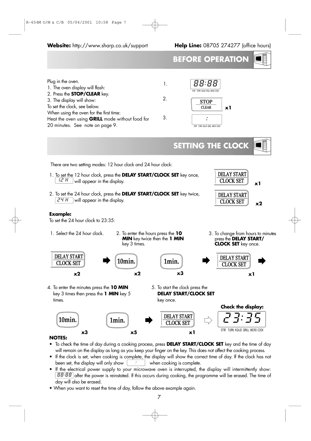 Sharp R-654M operation manual Before Operation, Setting the Clock, Delay START/CLOCK SET 