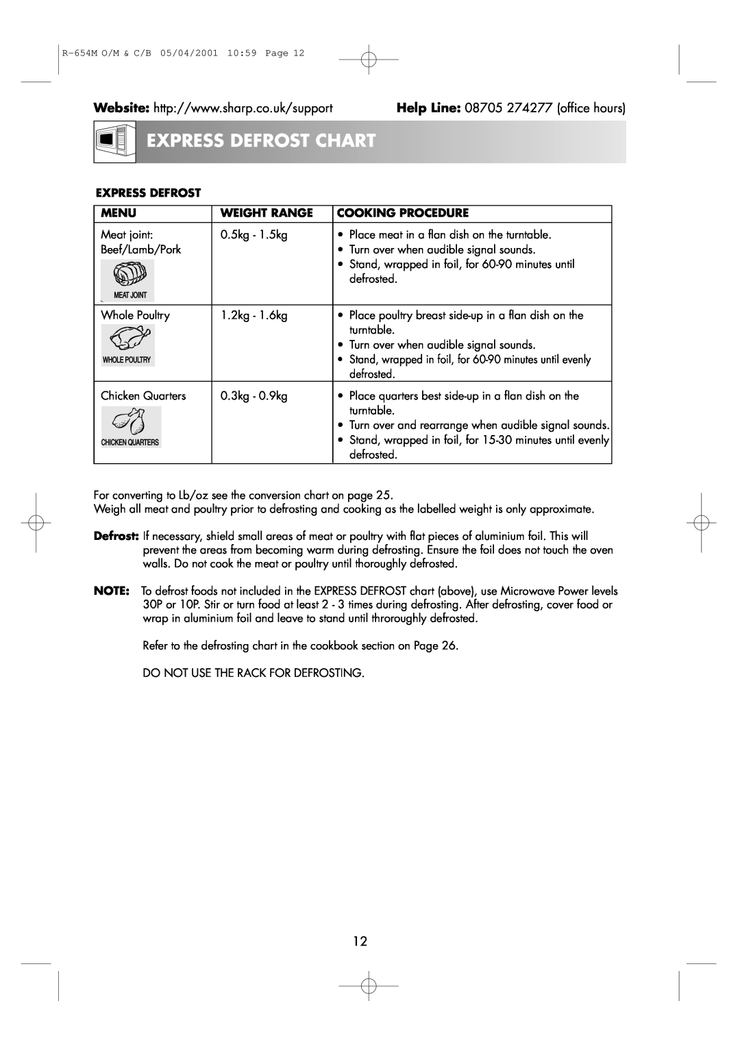 Sharp operation manual Expressdefrost Chart, Help Line 08705 274277 office hours, R-654M O/M & C/B 05/04/2001 1059 Page 