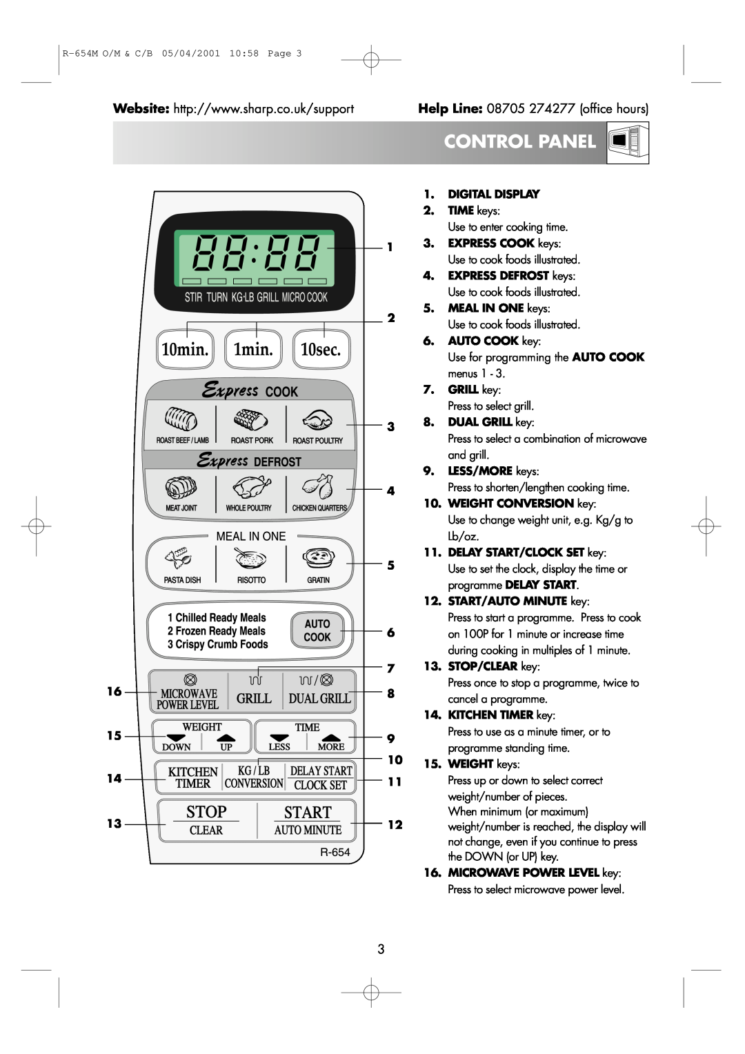 Sharp R-654M operation manual Controlpanel, Help Line 08705 274277 office hours, Press to select a combination of microwave 
