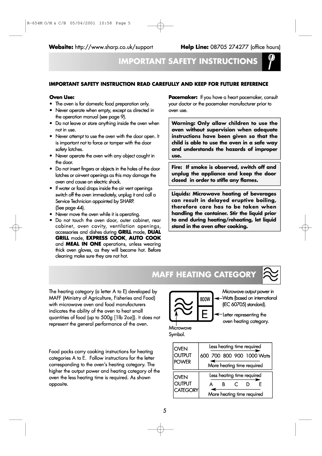 Sharp R-654M operation manual Important Safetyinstructions, Maffheating Category, Help Line 08705 274277 office hours 