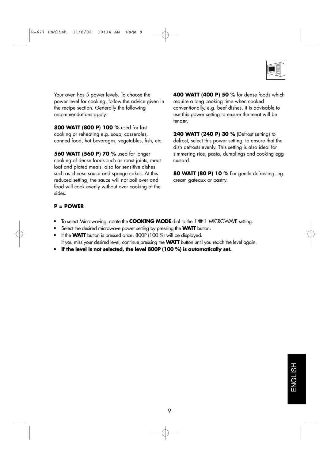 Sharp R-677F operation manual Microwave Power Levels, = Power 