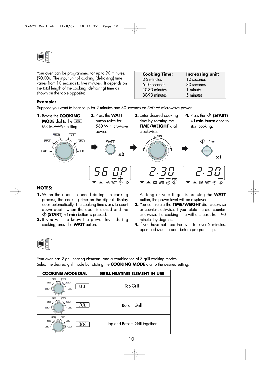 Sharp R-677F operation manual Microwave Cooking, Grill Cooking, Example Cooking Time Increasing unit, Start 