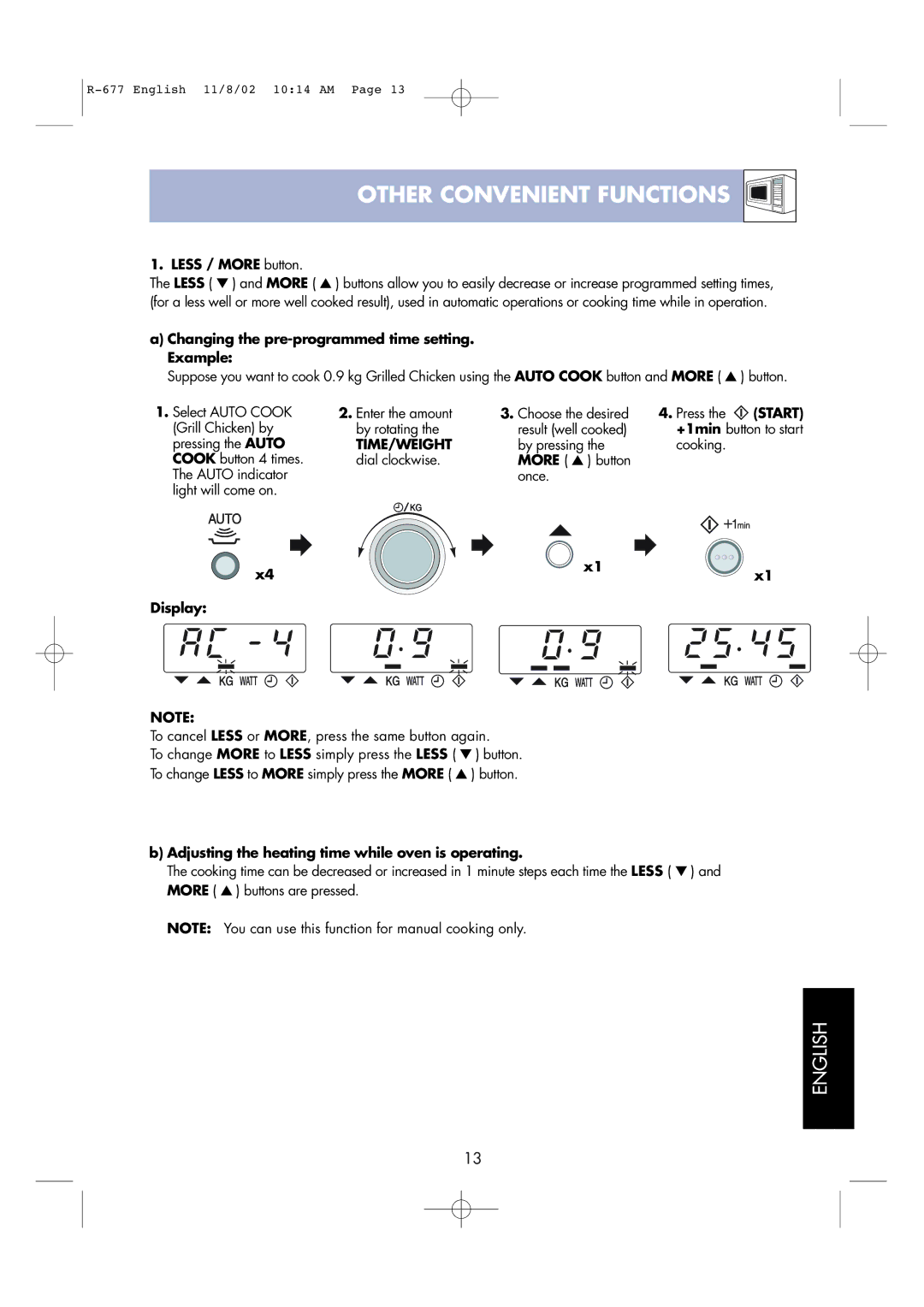 Sharp R-677F Other Convenient Functions, Less / More button, Changing the pre-programmed time setting. Example 