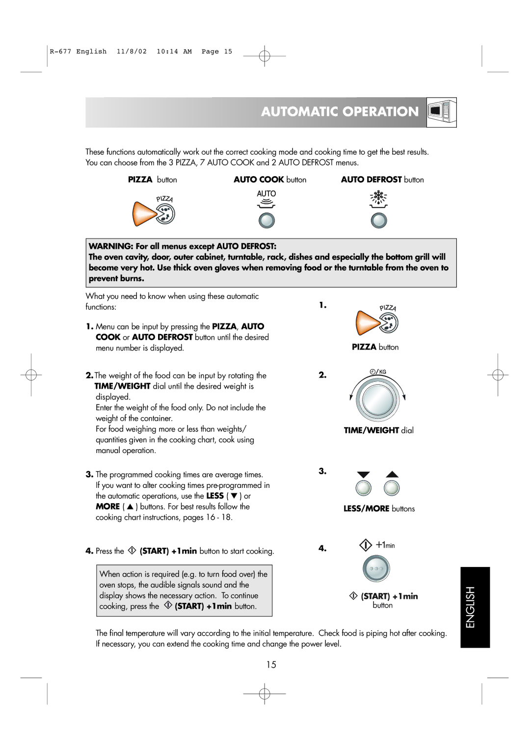 Sharp R-677F operation manual Automatic Operation, Pizza button TIME/WEIGHT dial, LESS/MORE buttons Start +1min button 