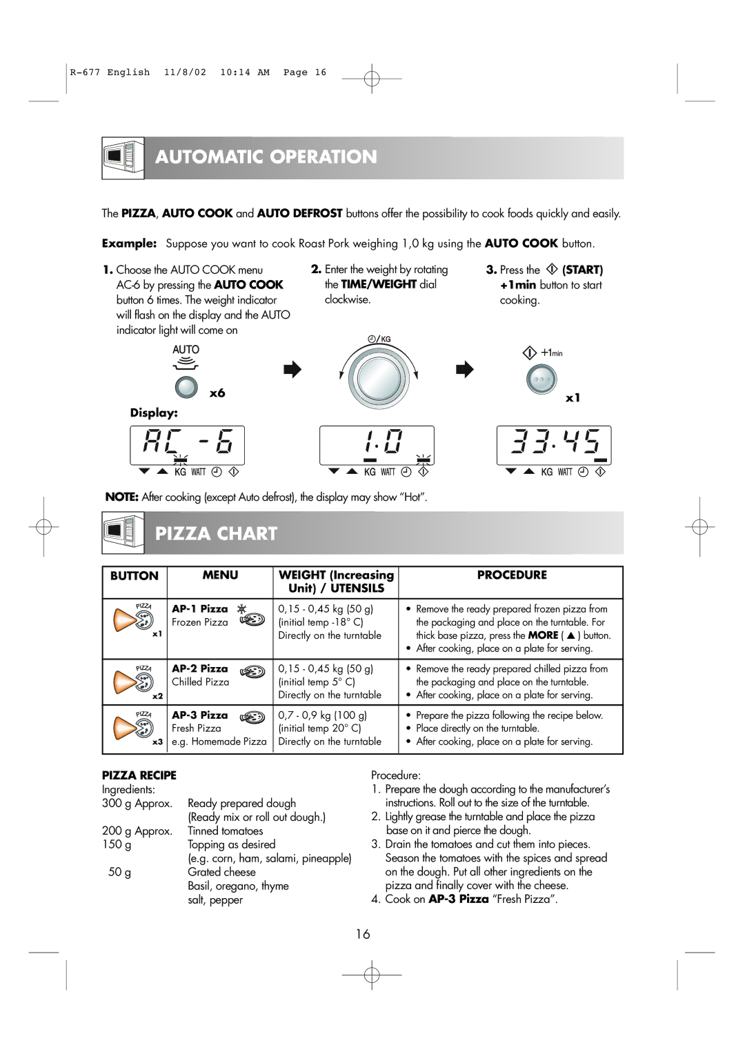 Sharp R-677F operation manual Pizza Chart, Button Menu, Procedure, Pizza Recipe 