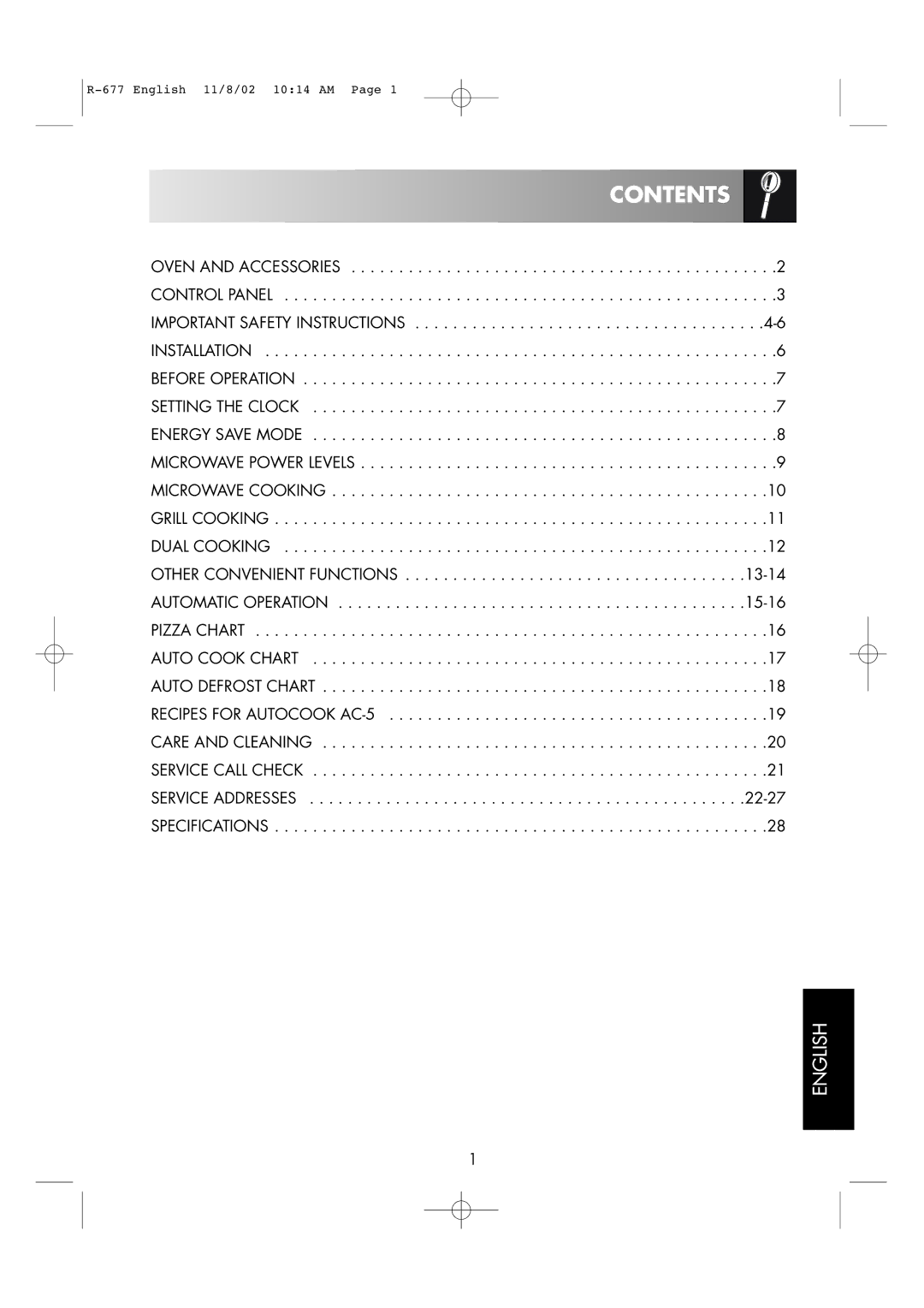 Sharp R-677F operation manual Contents 