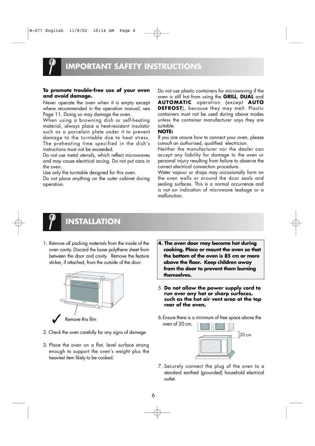 Sharp R-677F operation manual Installation, To promote trouble-free use of your oven and avoid damage 