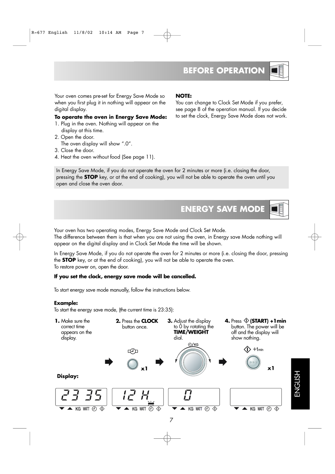 Sharp R-677F operation manual Before Operation, Energy Save Mode, Time/Weight 