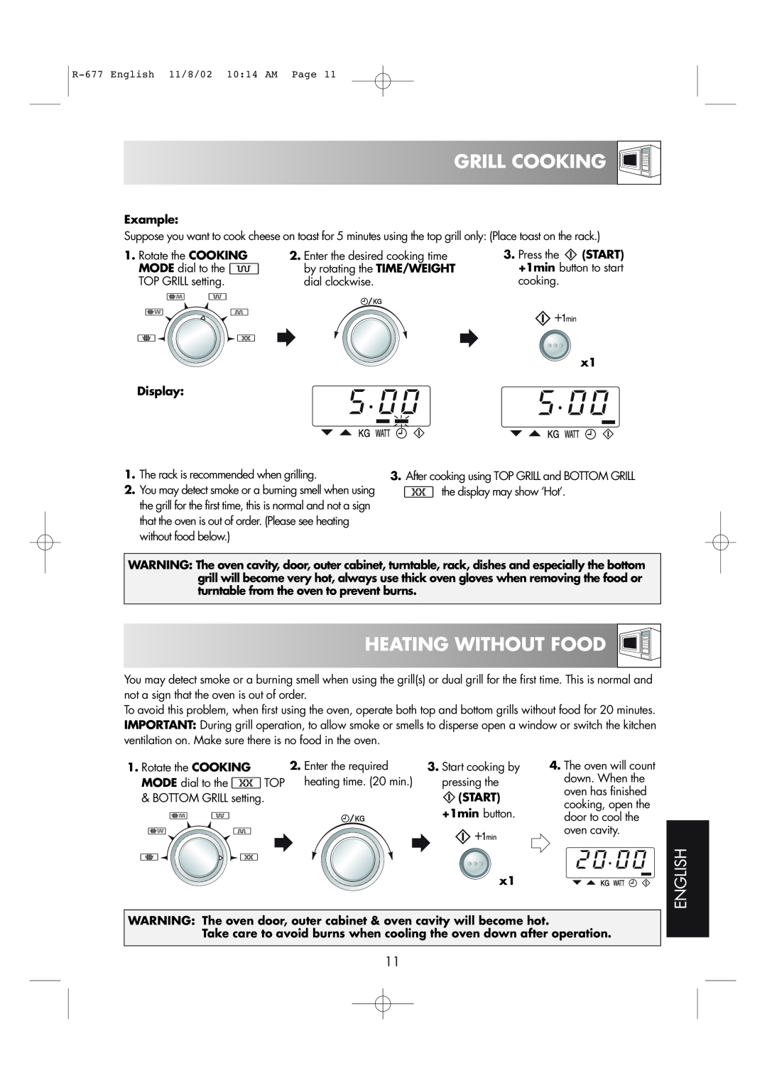 Sharp R-677F operation manual Heating Without Food, Grill Cooking, English, x1 Display, Start 