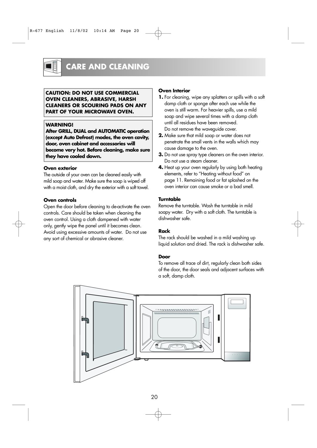 Sharp R-677F operation manual Care And Cleaning, Oven exterior, Oven controls, Oven Interior, Turntable, Rack, Door 