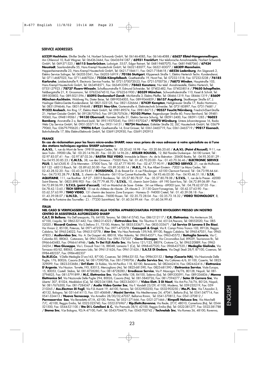 Sharp R-677F operation manual R-677English 11/8/02 10 14 AM Page, France, Italia 
