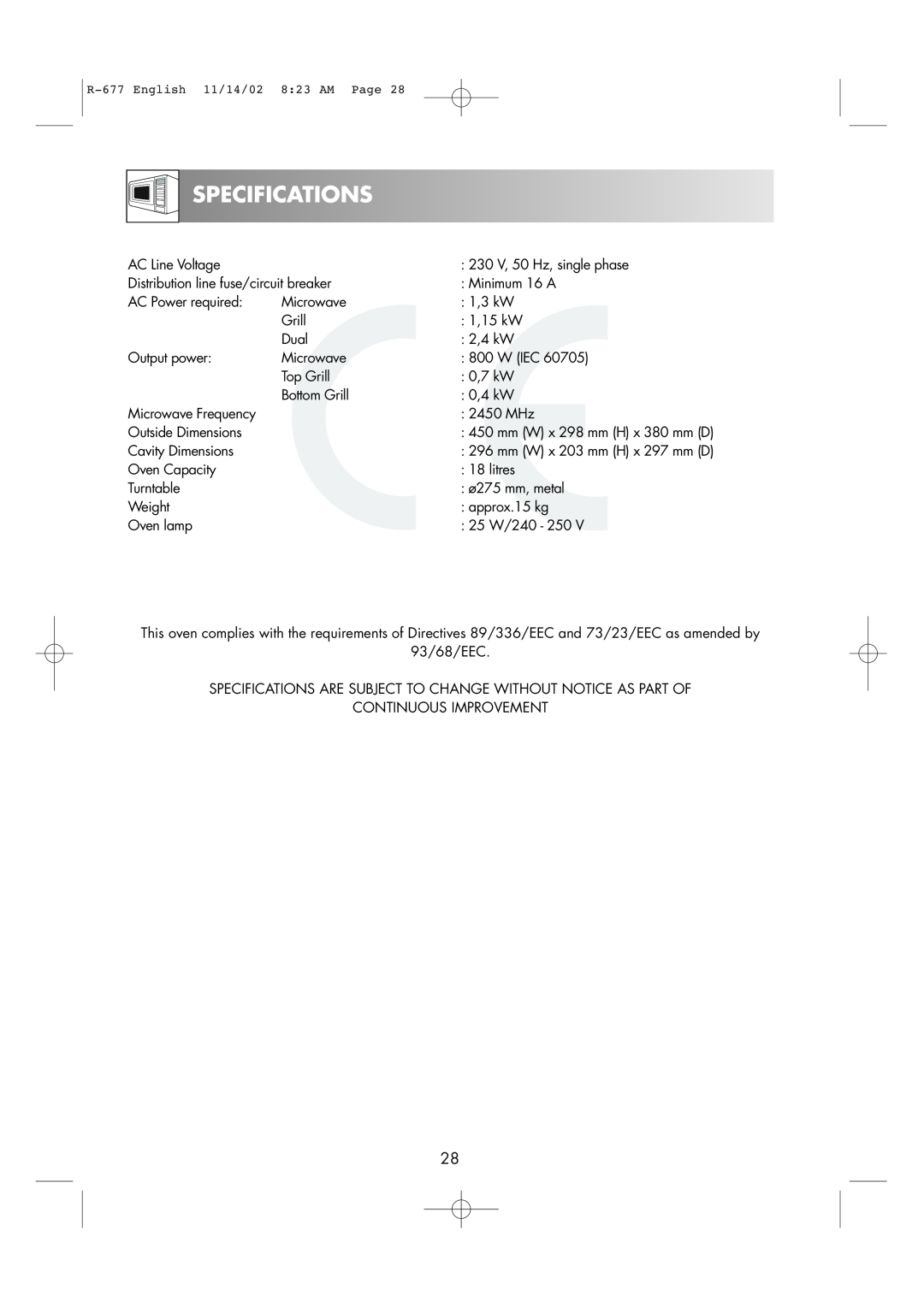 Sharp R-677F operation manual Specifications 