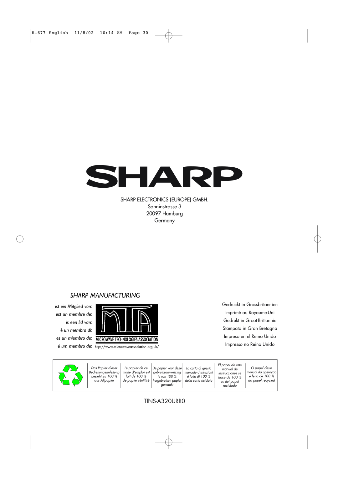 Sharp R-677F operation manual Sharp Manufacturing, TINS-A320URR0, éum membro de, R-677English 11/8/02 10 14 AM Page 