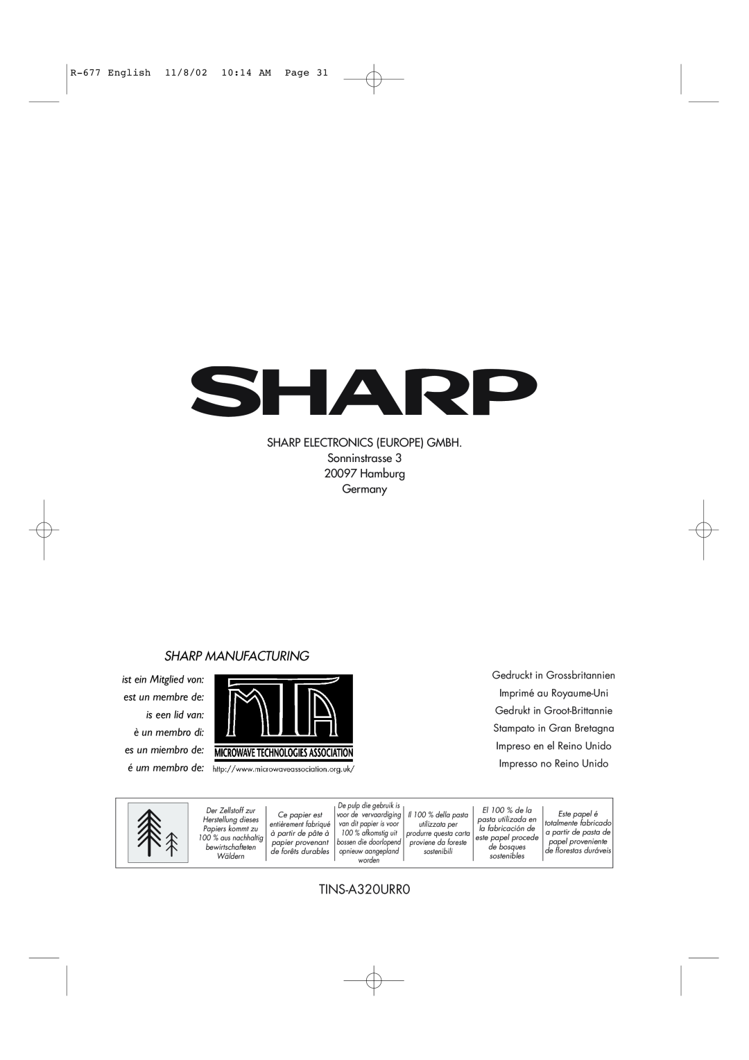 Sharp R-677F Sharp Manufacturing, éum membro de, R-677English 11/8/02 10 14 AM Page, èun membro di es un miembro de 